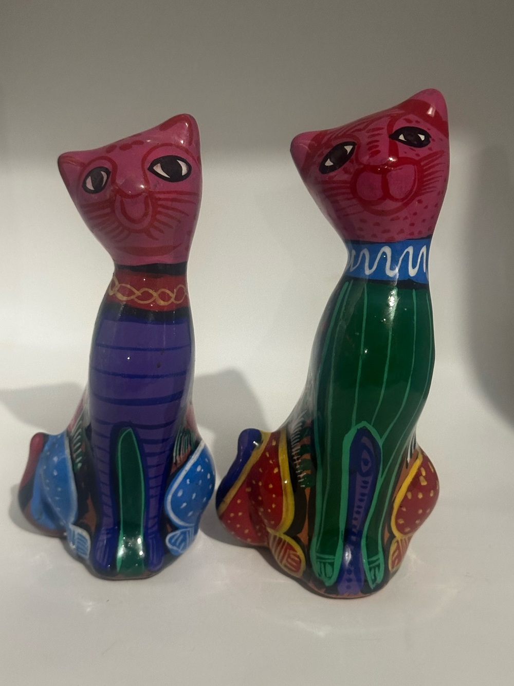 Hand-Painted Pink & Multicolor Ceramic Cat Figurines - made in Mexico